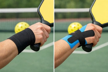 Compare compression sleeves and kinesiology tape for senior pickleball wrist support.