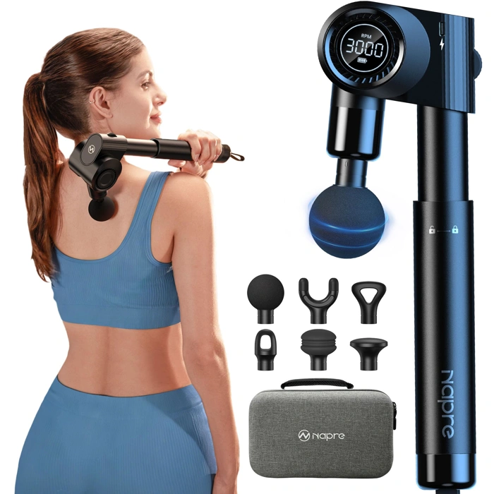 NAPRE Foldable Deep Tissue Massage Gun with Extension Handle, 32 Speeds, 6 Heads
