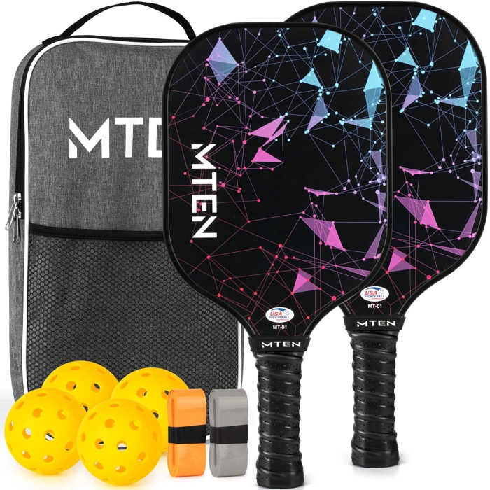 MTEN Pickleball Paddles Set with Fiberglass Surface, 2 Rackets, 4 Balls, Carry Bag